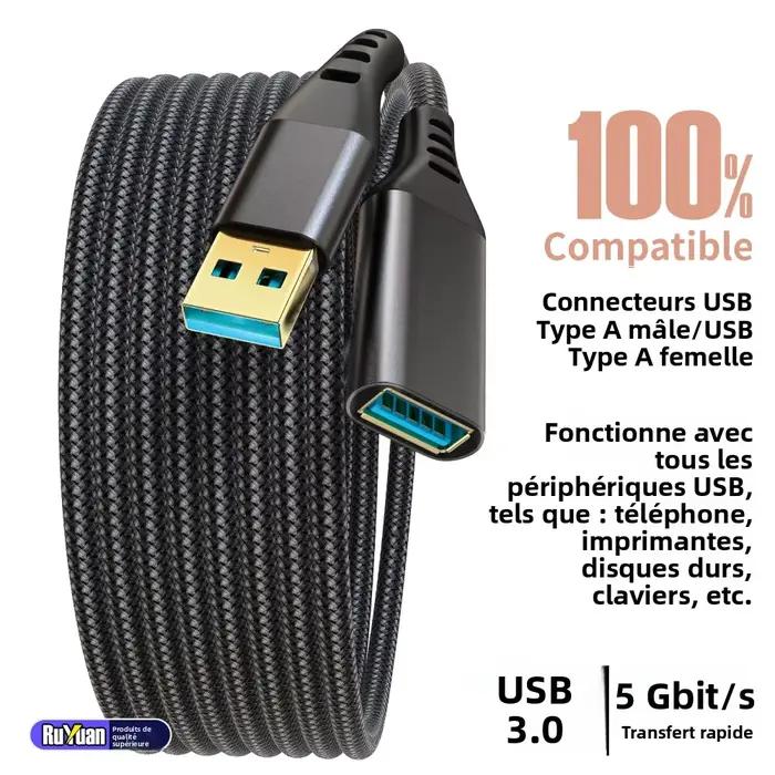 Câble d'extension USB3.0 Type A mâle à femelle tressé robuste pour transfert rapide de données compatible avec clavier USB et souris diverses longueurs disponibles
