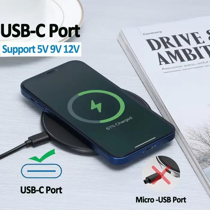 Chargeur sans fil USB-C à charge rapide pour iPhone 17 16 15 14 13 12 Samsung S24 S23 S22 station de charge rapide avec indication LED et câble inclus