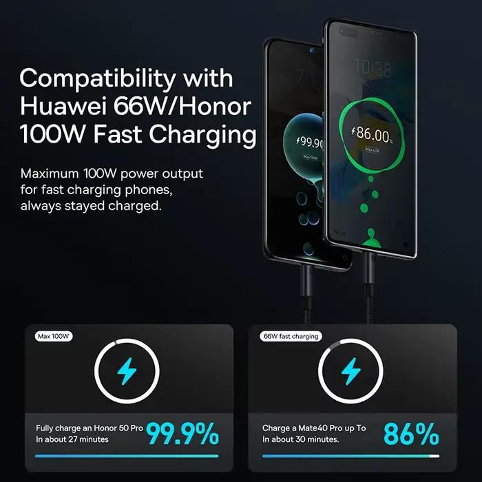 Baseus 66 W/100 W USB Type C câble pour Huawei P50 P40 Pro Honor Super Charge 6A