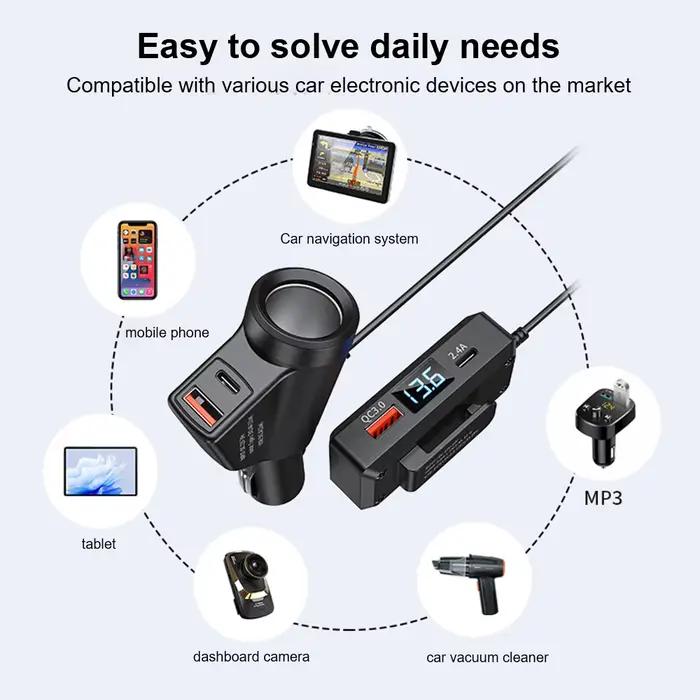 Chargeur de voiture à affichage numérique avec technologie de charge rapide QC3.0 et PD Type-C pour smartphones et tablettes, compatible avec 12V-24V, charge rapide universelle pour occasions quotidiennes et cadeaux spéciaux