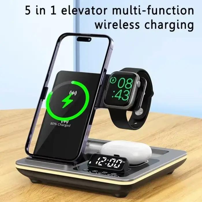Chargeur sans fil 5 en 1 avec réveil, lampe LED, station d'accueil et charge rapide pour iPhone Apple Watch et AirPods
