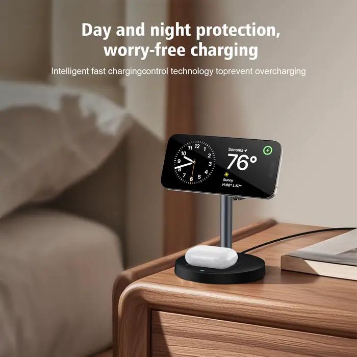 Support de chargeur sans fil rapide 15W, chargeur magnétique sans fil 3 en 1 pour iPhone série 12-16, iWatch et AirPods, Angle réglable