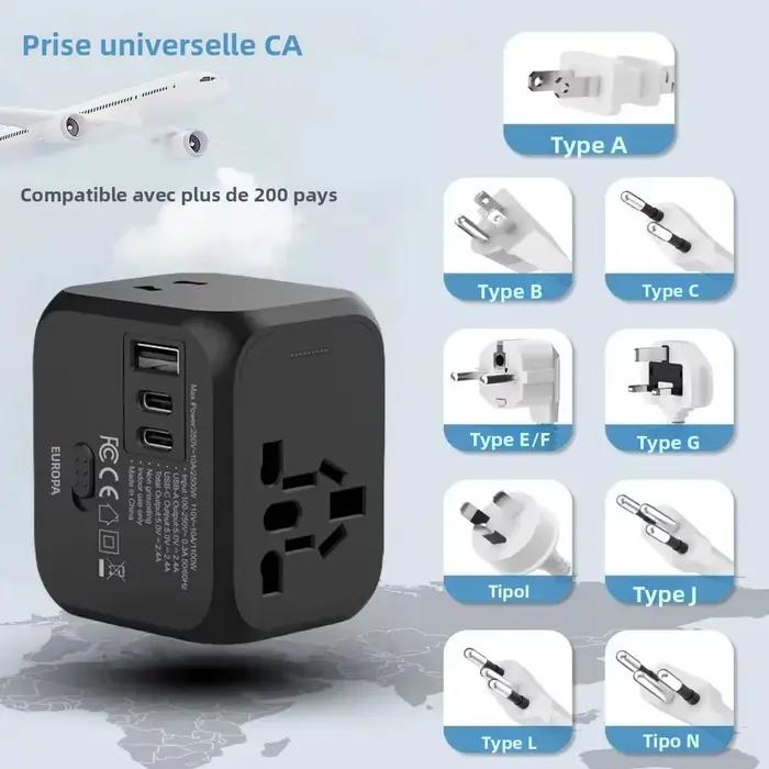 Adaptateur de chargeur de voyage universel avec 2 ports USB et 1 port Type C - Comprend des prises US