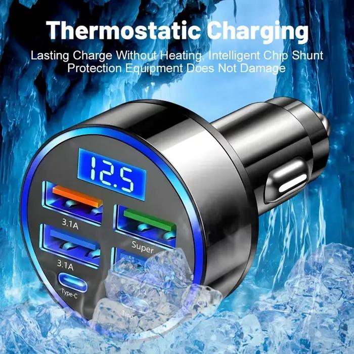 Adaptateur de chargeur de téléphone de voiture avec affichage de tension double PD Super rapide 12-24V pour IPhone 15 Pro Max OPPO Samsung Huawei 6in1 USB