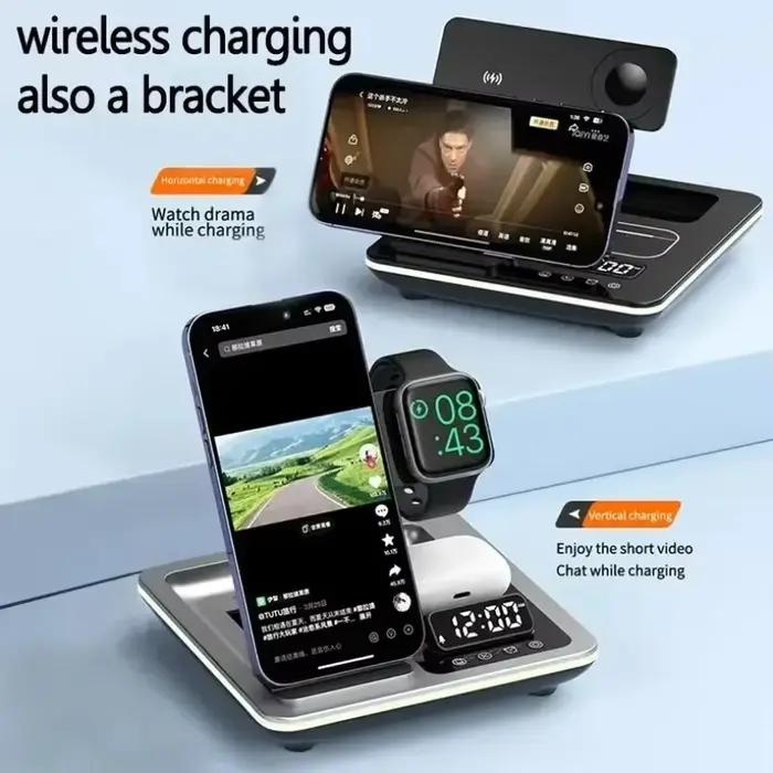 Chargeur sans fil 5 en 1 avec réveil, lampe LED, station d'accueil et charge rapide pour iPhone Apple Watch et AirPods