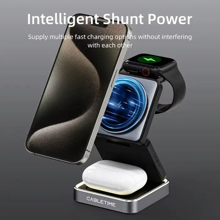 CABLETIME Chargeur Magnétique Pliable Sans Fil 3-en-1 15W pour iPhone 16/15/14