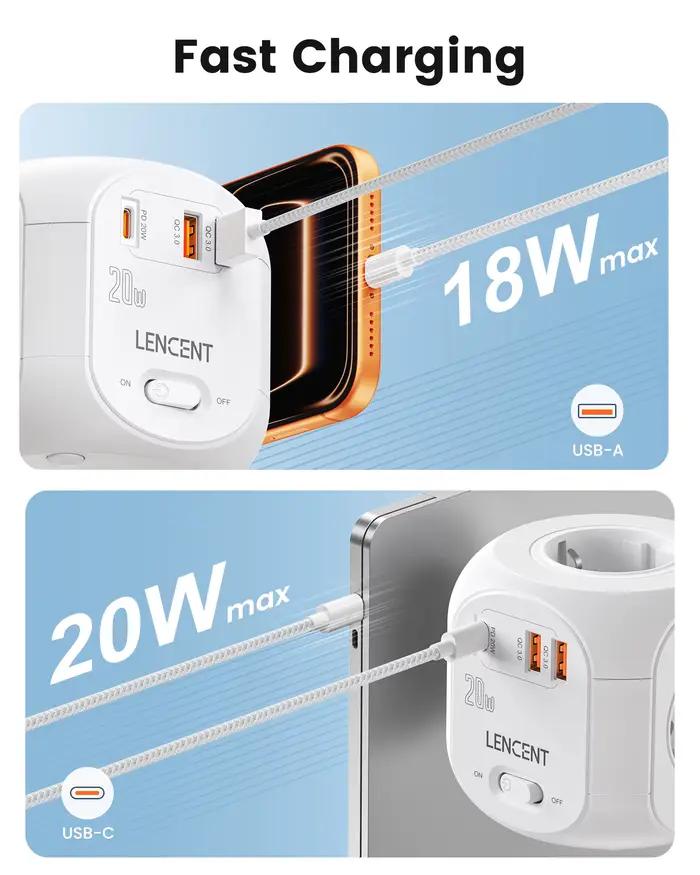 LENCENT – multiprise Cube avec 4 prises ca + 2 USB QC3.0 + 1 PD20W Type C