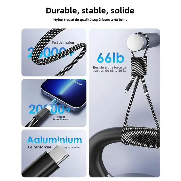 Câble Magnétique Tressé Flexible USB Type C 100W 60W pour Voiture