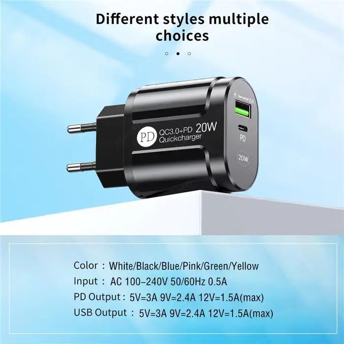 Chargeur de téléphone 20W charge rapide PD USB Type C
