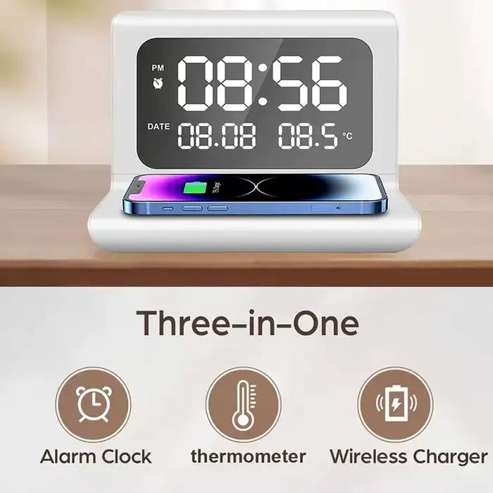 Support de chargeur sans fil 30W avec réveil et thermomètre | Compatible avec iPhone 17-11/X