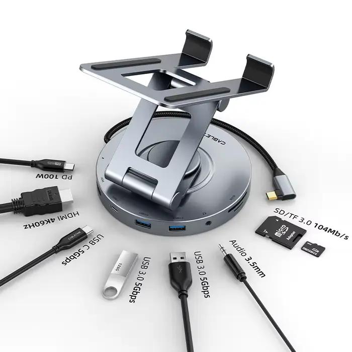 CABLETIME USB C Hub 8 en 1 DOCK 360 support rotatif HDMI 4K 60Hz PD 100W USB 5Gbps SD TF Aux 3.5mm pour iPhone iPad Pro tablette