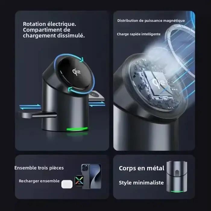 Nouveau chargeur sans fil magnétique 3 en 1 15W Truly Qi2 avec bouton tactile pour téléphones iPhone Android IOS