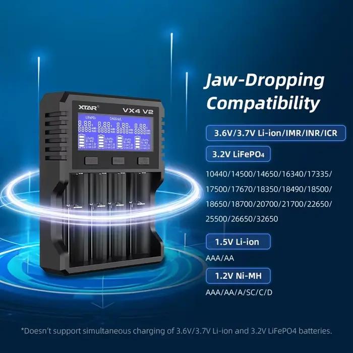 Chargeur de batterie intelligent XTAR VX4 V2 à 4 baies avec écran LCD
