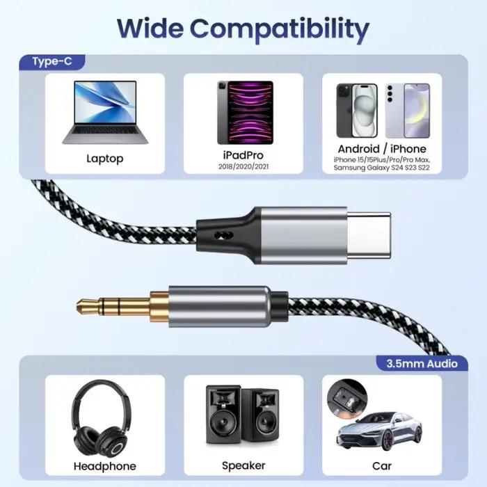 Câble DAC USB-C 1.5m 2m Type-C à Jack 3.5mm pour MP3 MP4 Lecteur Autoradio Haut-parleur HIFI Stéréo Occasions Spéciales