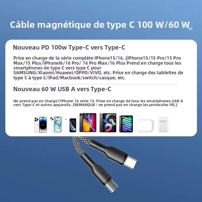 Câble Magnétique Tressé Flexible USB Type C 100W 60W pour Voiture