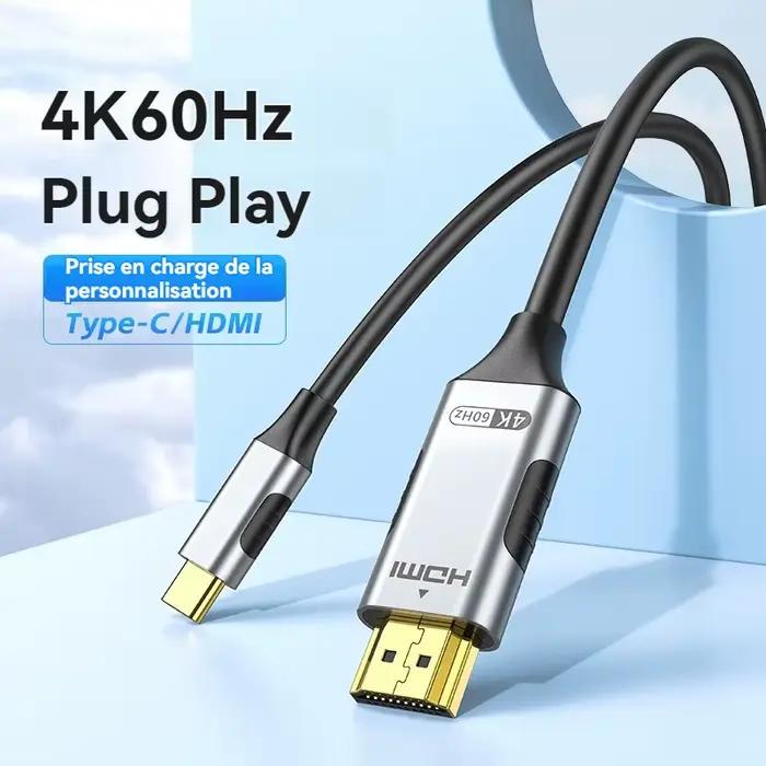 Câble USB-C vers HDMI 4K 60Hz 2m pour iPhone 15, MacBook Pro, Galaxy - Compatible Téléviseur, Projecteur, Moniteur - Plug & Play Facile - Haute Durabilité - Multimédia Immersif