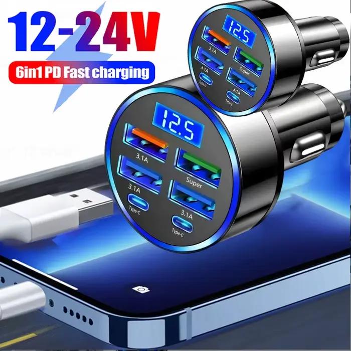 Adaptateur de chargeur de téléphone de voiture avec affichage de tension double PD Super rapide 12-24V pour IPhone 15 Pro Max OPPO Samsung Huawei 6in1 USB