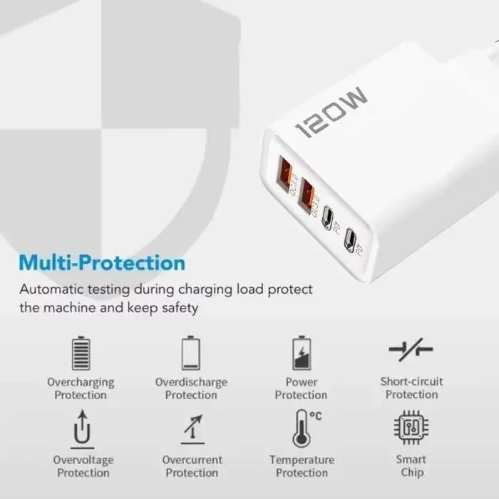 120W 4 ports USB C chargeur PD3.0 Station de charge rapide câble de données adaptateur mural pour iPhone Samsung Xiaomi Redmi Huawei prise ue US
