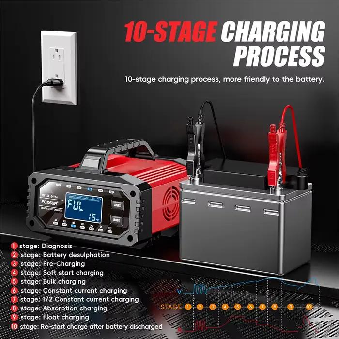 Chargeur de batterie intelligent 12/24V 15A pour LiFePo4 AGM EFB GEL CA humide et utilisation de batterie à cycle profond voiture camping automobile