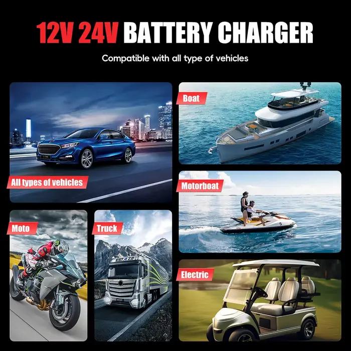 Chargeur de batterie intelligent 12/24V 15A pour LiFePo4 AGM EFB GEL CA humide et utilisation de batterie à cycle profond voiture camping automobile