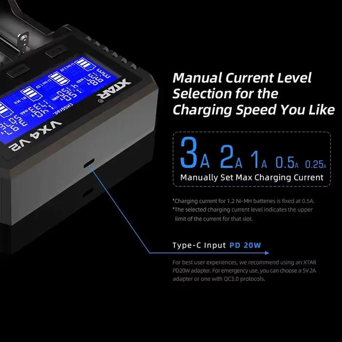 Chargeur de batterie intelligent XTAR VX4 V2 à 4 baies avec écran LCD