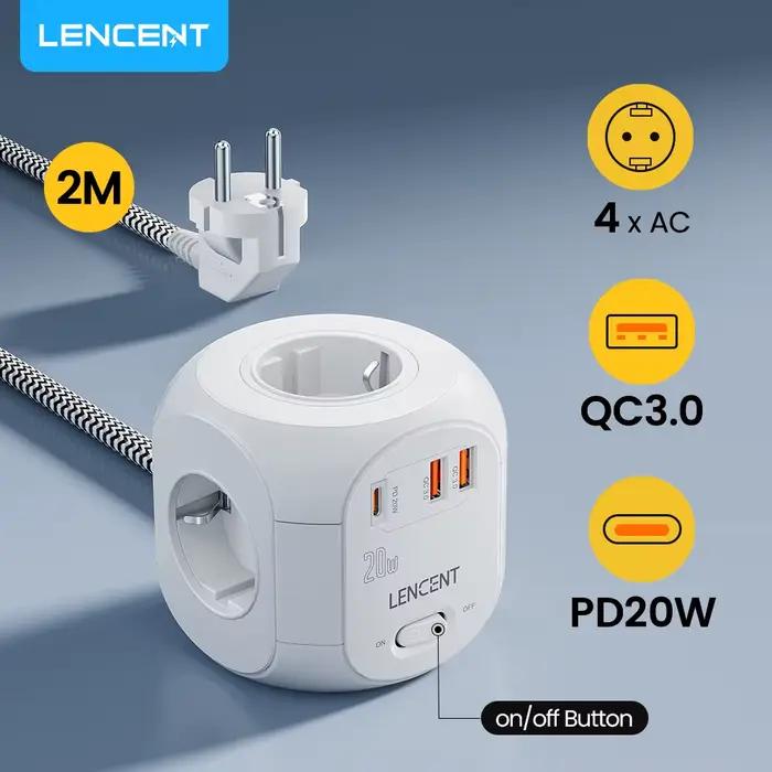 LENCENT – multiprise Cube avec 4 prises ca + 2 USB QC3.0 + 1 PD20W Type C