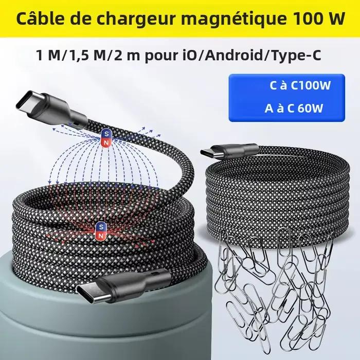 Câble Magnétique Tressé Flexible USB Type C 100W 60W pour Voiture