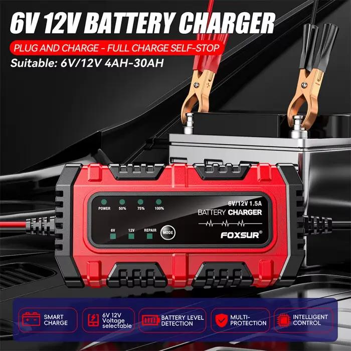 Chargeur de batterie intelligent FOXSUR pour scooters motos voitures à trois roues batteries LiFePO4 AGM EFB Gel