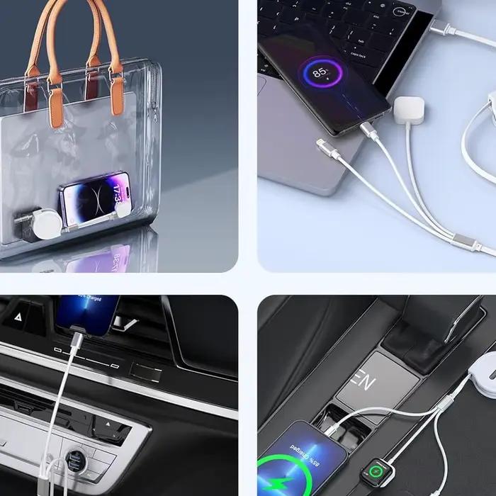 Câble de chargement multiple avec chargeur Apple Watch - Cordon de charge rapide portable rétractable avec Lightning/Type C/iWatch pour iPhone