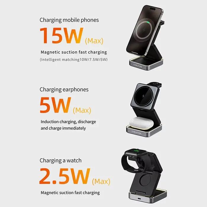 CABLETIME Chargeur Magnétique Pliable Sans Fil 3-en-1 15W pour iPhone 16/15/14