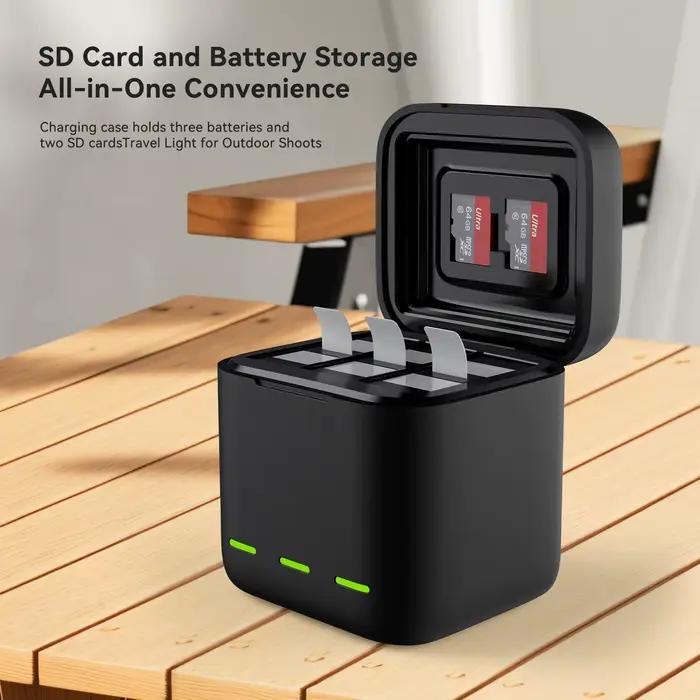 Chargeur de batterie portable 3 emplacements pour GoPro Hero 13 avec charge rapide et rangement pour cartes TF et batteries pour caméras d'action