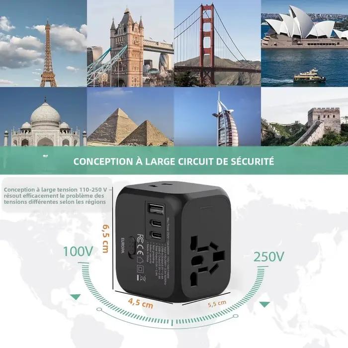 Adaptateur de chargeur de voyage universel avec 2 ports USB et 1 port Type C - Comprend des prises US