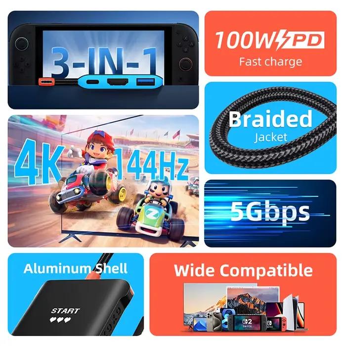 Station d'accueil portable CABLETIME Switch 2 Hub TV 3-en-1 4K 144Hz PD100W 5Gbps haute vitesse