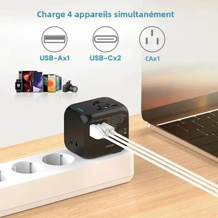 Adaptateur de chargeur de voyage universel avec 2 ports USB et 1 port Type C - Comprend des prises US