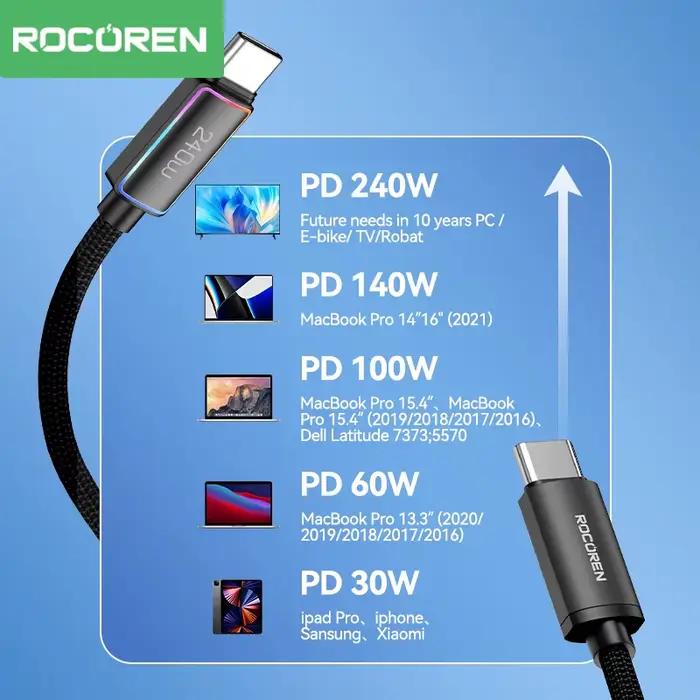 Câble de chargement USB Type-C Rocoren 240W PD 3.1 avec lumière RGB pour iPhone Samsung Ordinateur Portable iPad Occasions Spéciales