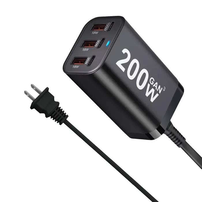 Chargeur GaN USB-C 200W rapide 6 ports pour iPhone Samsung et autres smartphones chargeur secteur polyvalent occasions spéciales