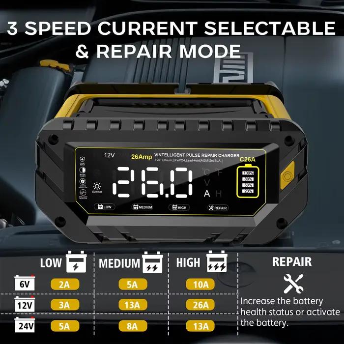 Chargeur de batterie de voiture 6V-12V-24V 26A/30A pour Auto Moto Lithium LiFePO4 plomb-acide SLA Gel AGM