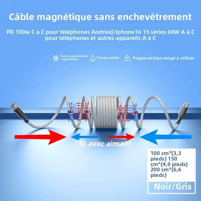 Câble Magnétique Tressé Flexible USB Type C 100W 60W pour Voiture