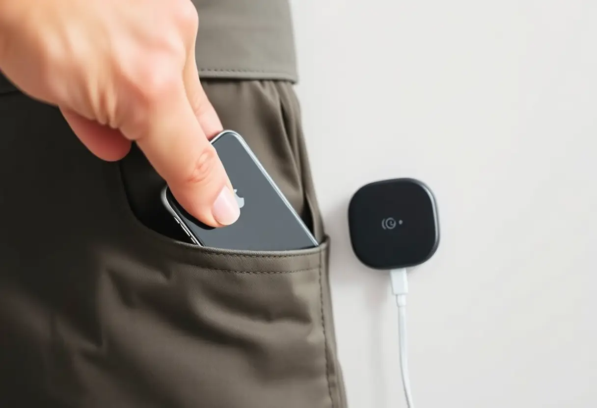 Une main mettant un smartphone dans une poche près d'un chargeur universel