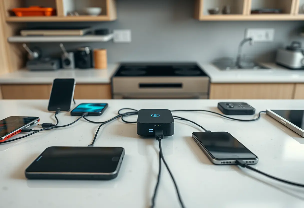 Comptoir de cuisine avec plusieurs appareils électroniques en charge