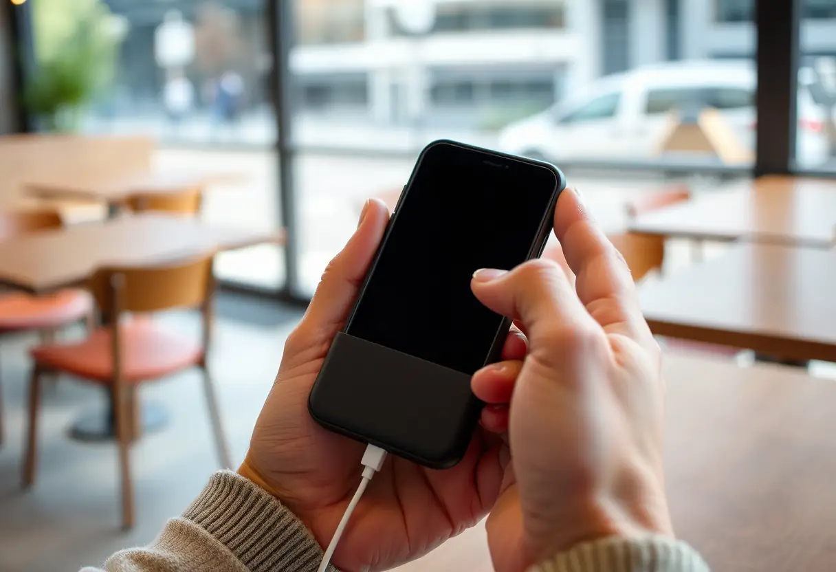 Une main posant un iPhone dans un chargeur portable
