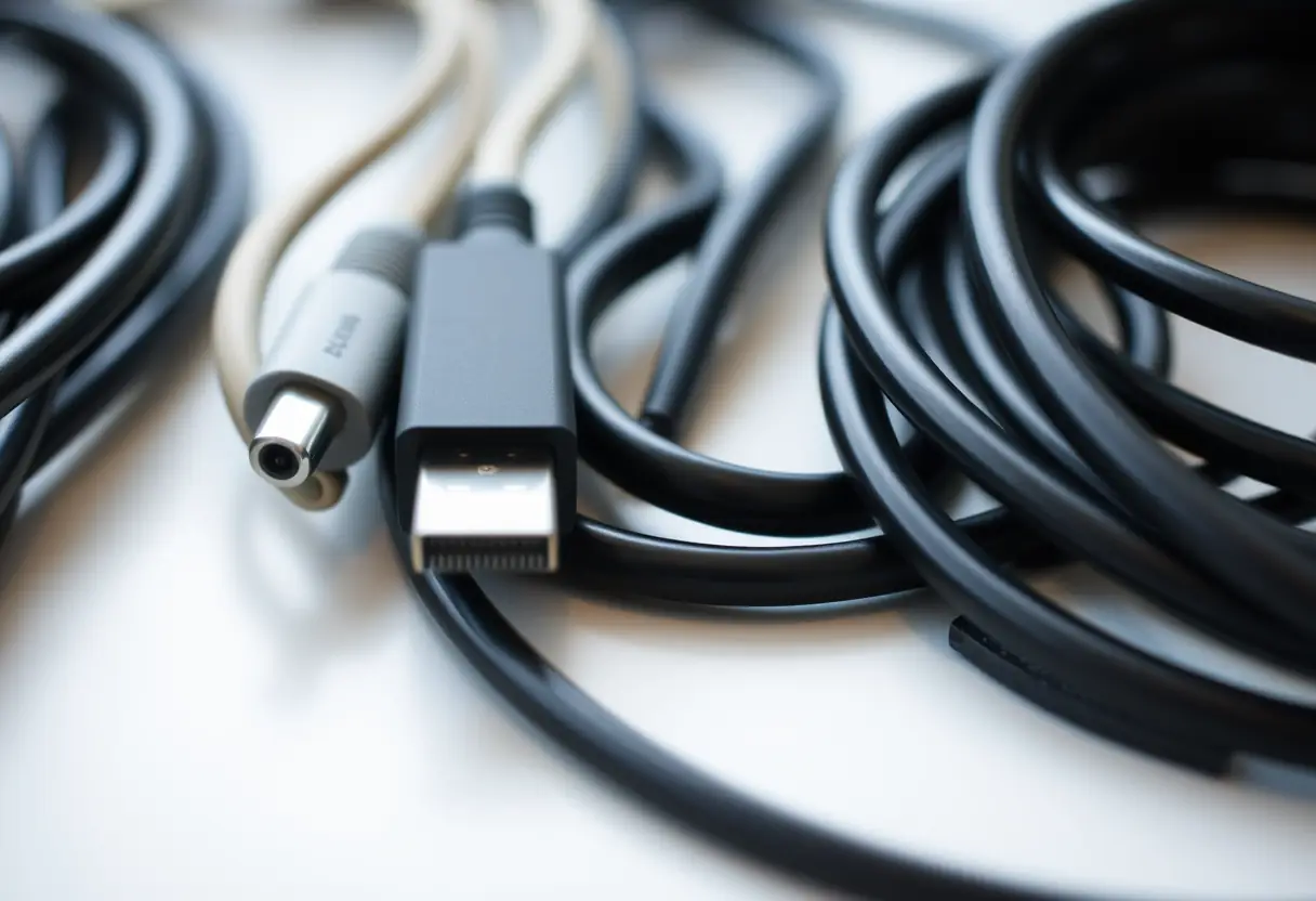 Vue rapprochée de câbles sur une table, y compris un câble MagSafe 2 et un câble USB-C