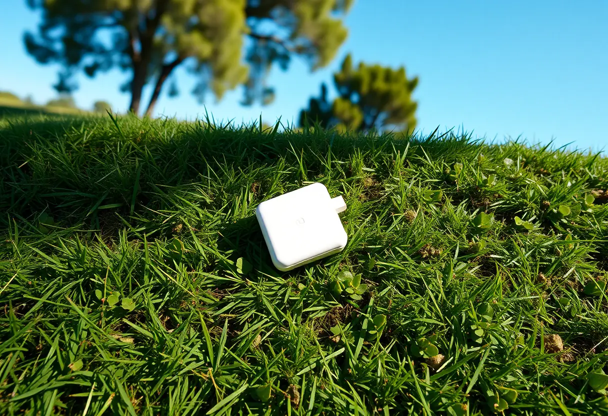 Chargeur de poche posé sur un champ verdoyant sous un ciel bleu clair
