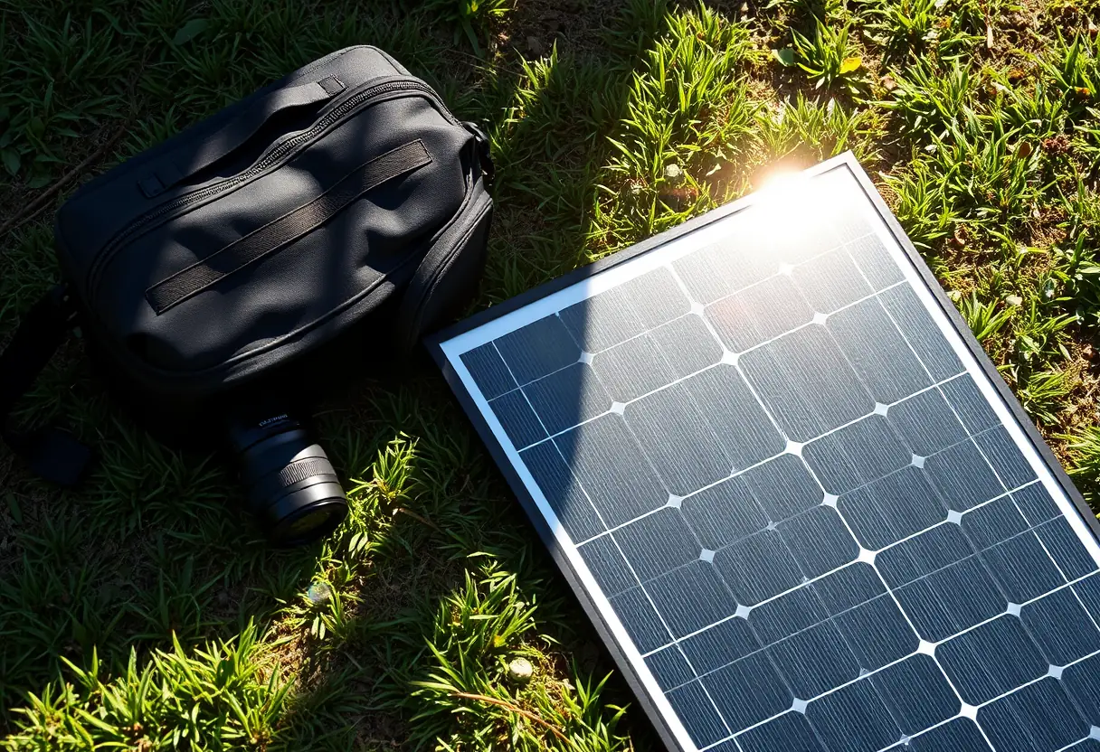 Panneau solaire posé sur le sol à côté d'un sac à dos de photographe, sous un soleil direct