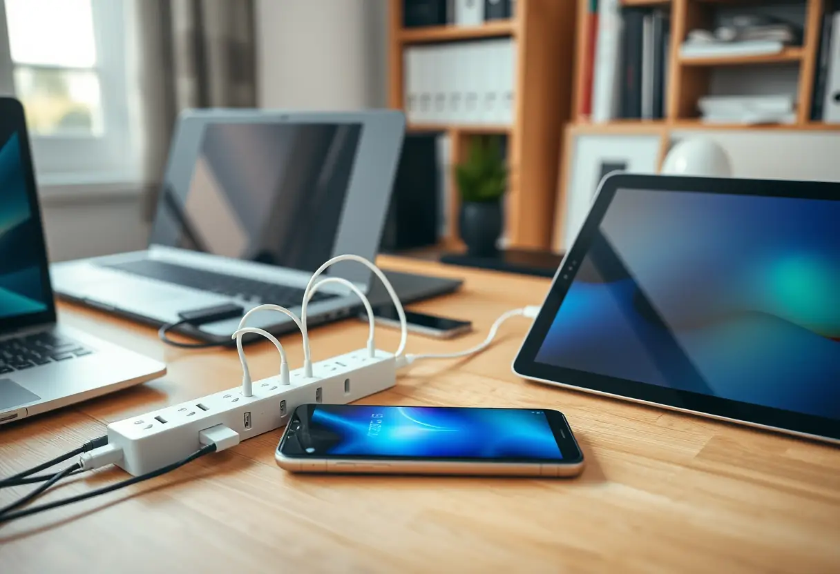 Bureau de travail avec plusieurs appareils électroniques chargés