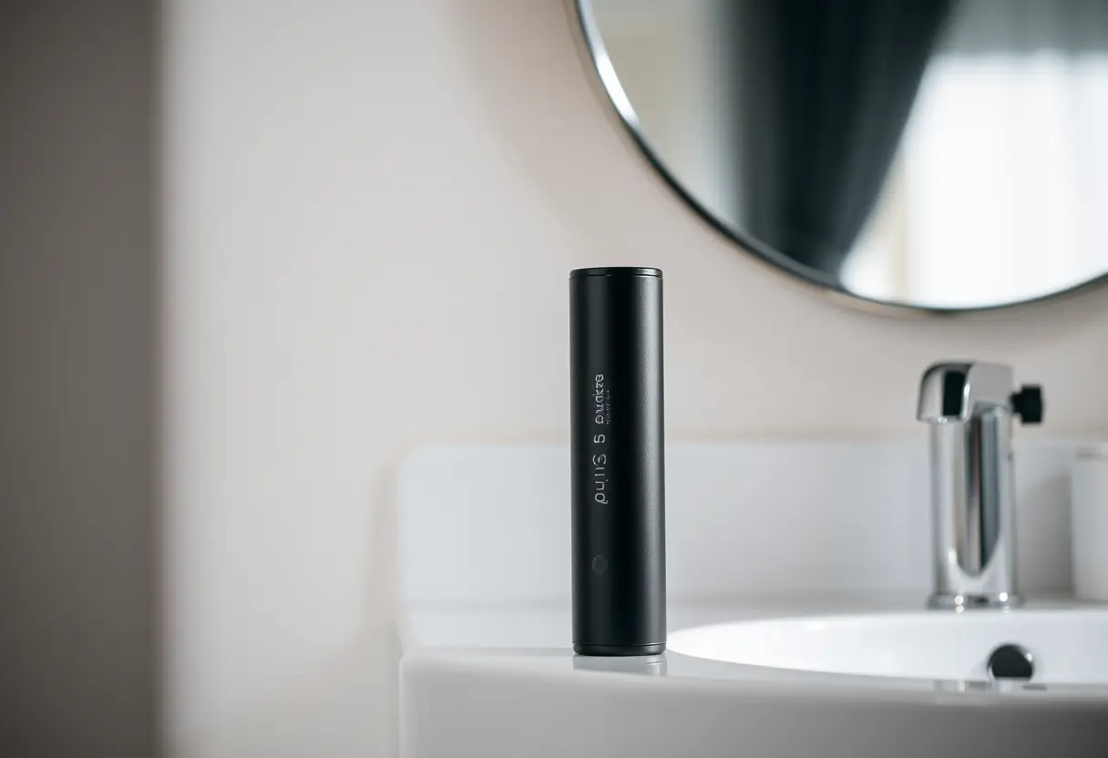 Chargeur rapide noir sur étagère de salle de bain