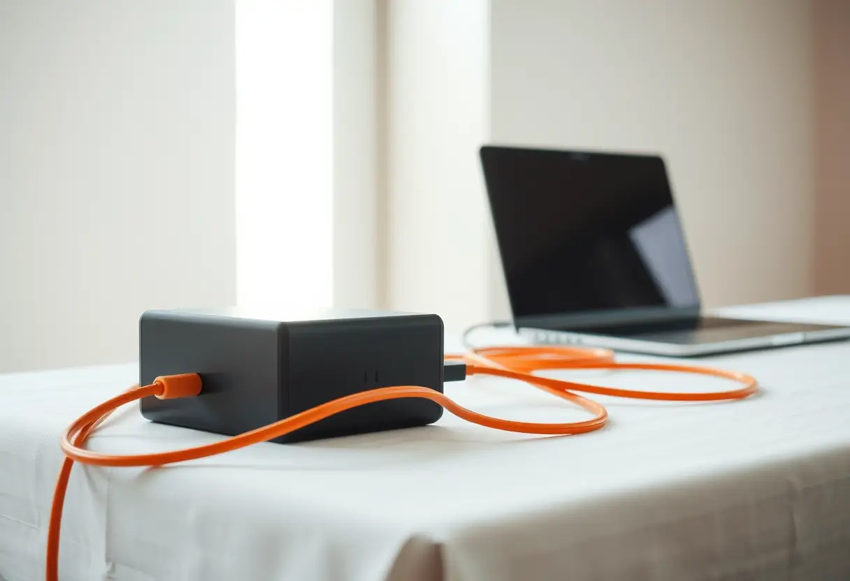 Câble orange reliant un bloc d'alimentation à un ordinateur portable