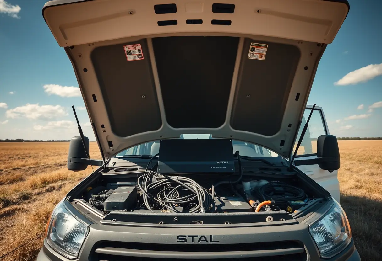 Vue panoramique d'un camping-car avec son capot relevé, révélant un système de charge de batterie complexe