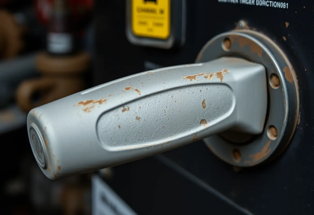 Poignée usée d'un chargeur de batteries dans un environnement industriel