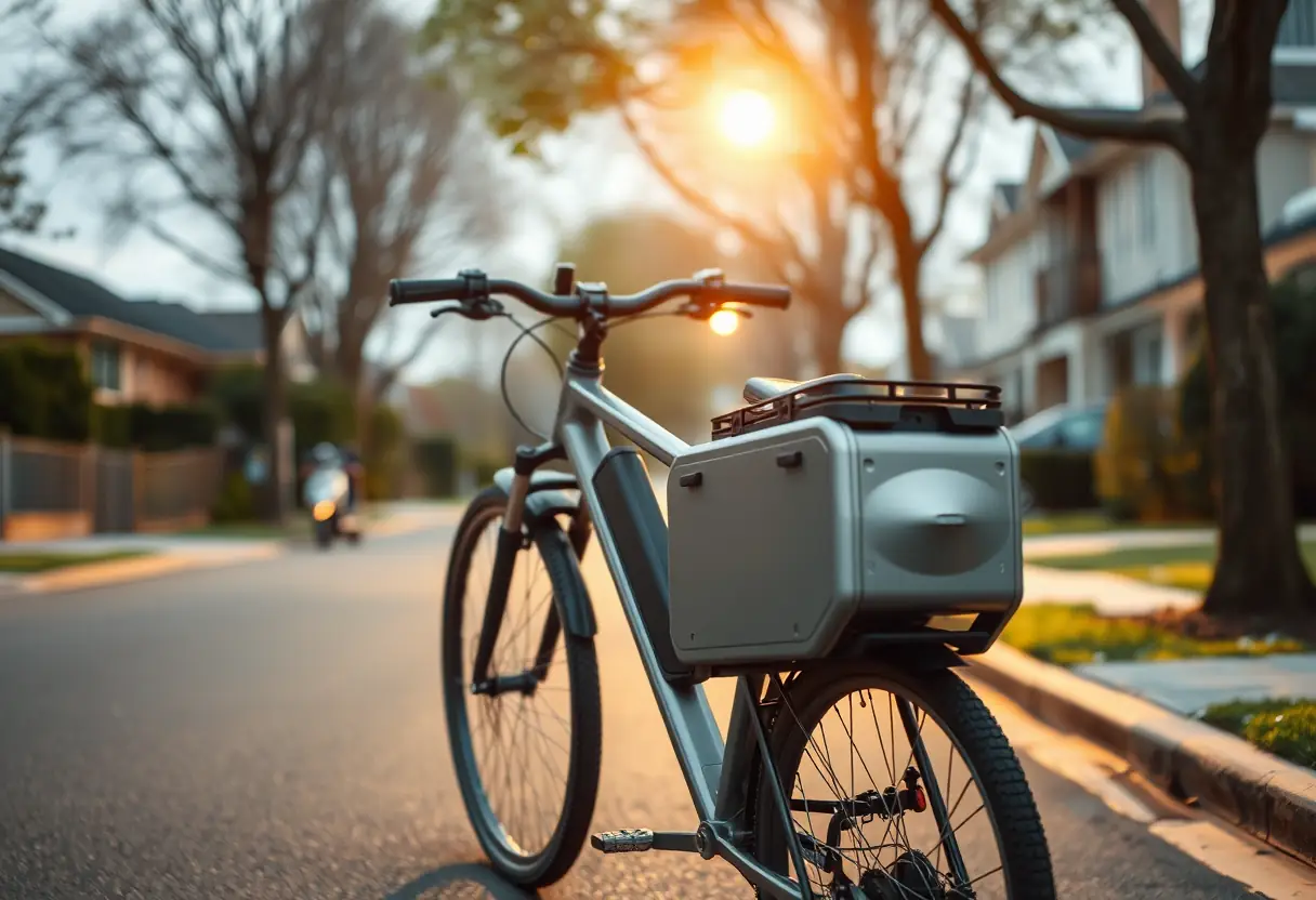 Un vélo électrique sous un réverbère avec sa batterie argentée éclairée